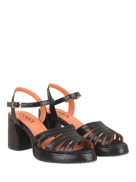 Esska Angie Leather Block Heel Strappy Sandals, Metallic Black - view 2, Metallic Black