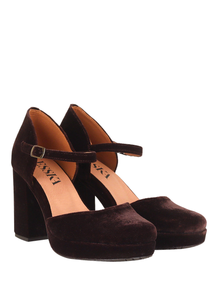 Esska Viv Velvet Block Heel Platform Court Shoes, Velvet Dark Brown - view 2, Velvet Dark Brown