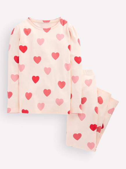 Mini Boden Kids' Printed Long John Pyjama Set,  Soft Ivory Hearts, Soft Ivory Hearts