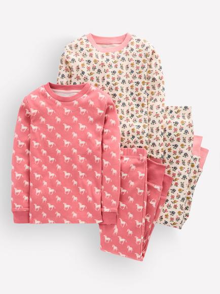 Mini Boden Kids' Printed Long John Pyjama Set, Pack of 2, Vintage Rose Horses, Vintage Rose Horses