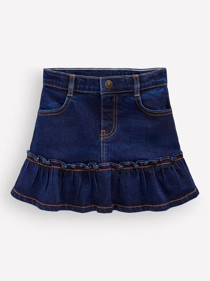 Mini Boden Kids' Frill Hem Denim Cotton Rich Skirt, Dark Wash, Dark Wash