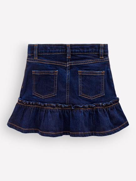 Mini Boden Kids' Frill Hem Denim Cotton Rich Skirt, Dark Wash - view 2, Dark Wash