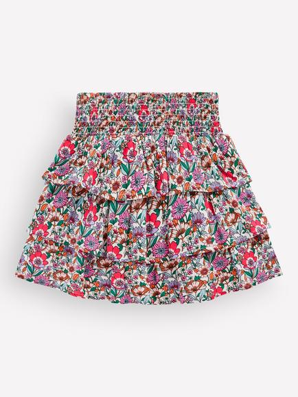 Mini Boden Kids' Smock Tiered Ruffle Skirt, Cream Floral Field - view 2, Cream Floral Field