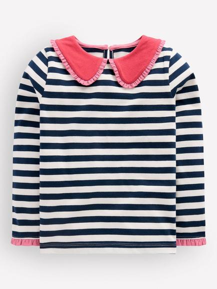 Mini Boden Kids' Collared Breton Jersey Top, Ivory/Blue Floral, Ivory/Blue Floral
