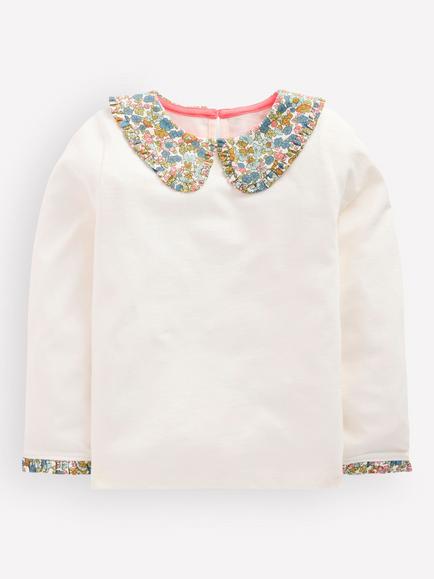 Mini Boden Floral Collared Breton Jersey Top, Ivory/Blue Floral, Ivory/Blue Floral