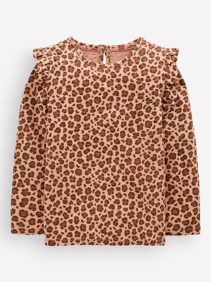 Mini Boden Kids' Frill Sleeve Animal Long Sleeve Top, Brown, Brown