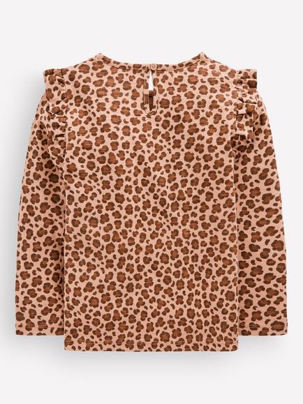 Mini Boden Kids' Frill Sleeve Animal Long Sleeve Top, Brown - view 2, Brown