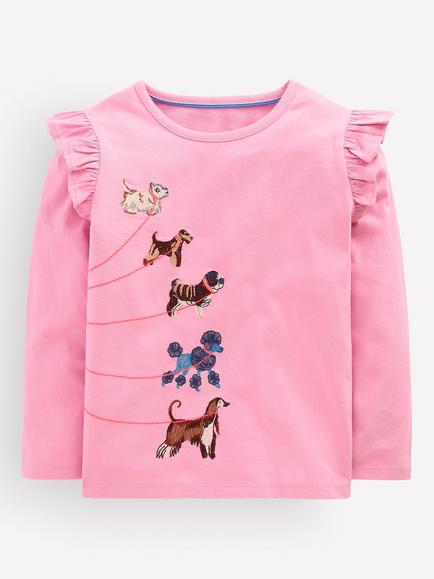 Mini Boden Kids' Long Frill Sleeve T-Shirt, Pink Lavender Dogs, Pink Lavender Dogs