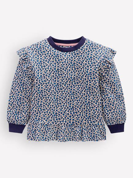 Mini Boden Kids' Frill Cotton Jersey Top, White/Blue Leopard, White/Blue Leopard