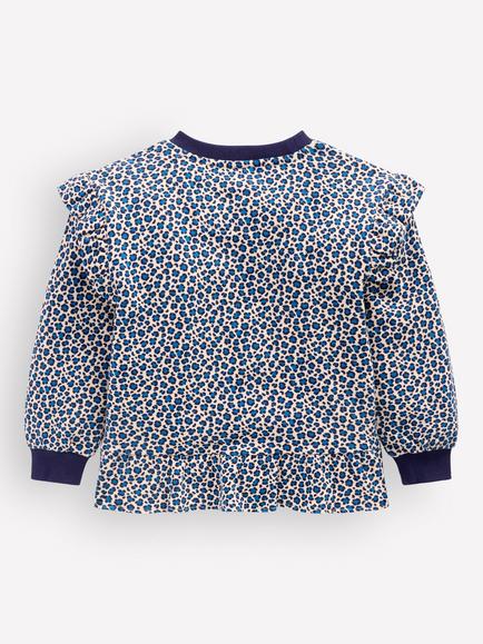 Mini Boden Kids' Frill Cotton Jersey Top, White/Blue Leopard - view 2, White/Blue Leopard