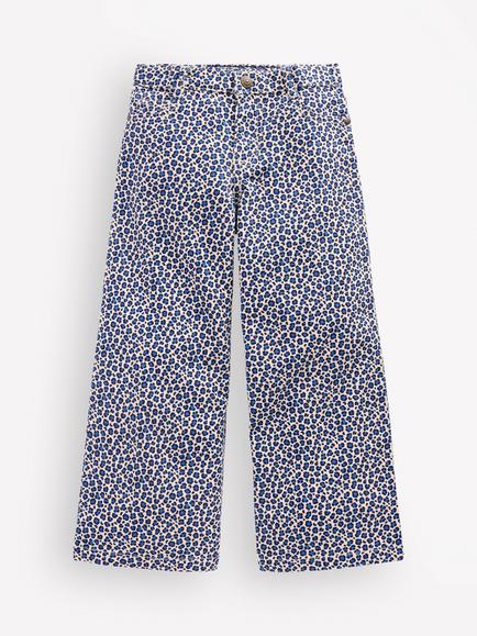 Mini Boden Kids' Printed Wide Leg Jeans, White/Blue Leopard, White/Blue Leopard