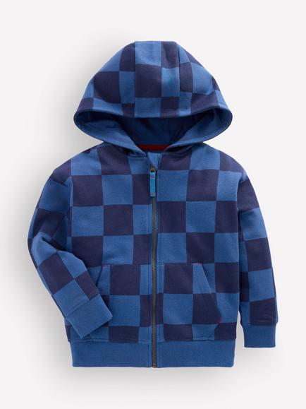 Mini Boden Kids' Check Zip-Through Hoodie, Navy/True Denim, Navy/True Denim