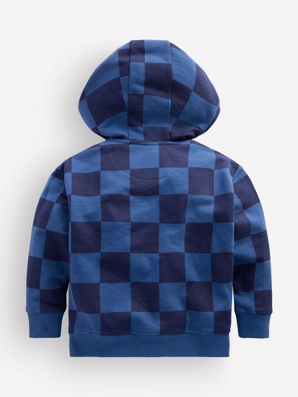 Mini Boden Kids' Check Zip-Through Hoodie, Navy/True Denim - view 2, Navy/True Denim