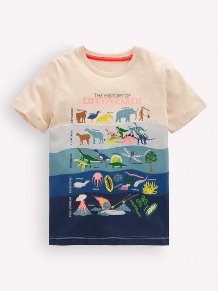 Mini Boden Kids' Glow In The Dark Cotton Graphic Crew Neck T-Shirt, Oatmeal Geologic, Oatmeal Geologic