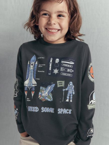Mini Boden Kids' Long Sleeve Glow In The Dark T-Shirt, Warm Grey, Warm Grey