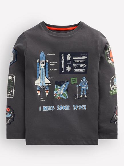 Mini Boden Kids' Long Sleeve Glow In The Dark T-Shirt, Warm Grey - view 2, Warm Grey