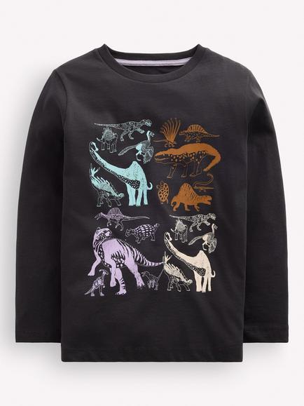 Mini Boden Kids' Dinosaur Long Sleeve Top, Shadow Grey, Shadow Grey