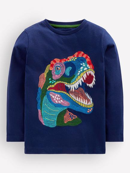 Mini Boden Kids' Long Sleeve Cotton Animal T-Shirt, Navy Dinosaur, Navy Dinosaur