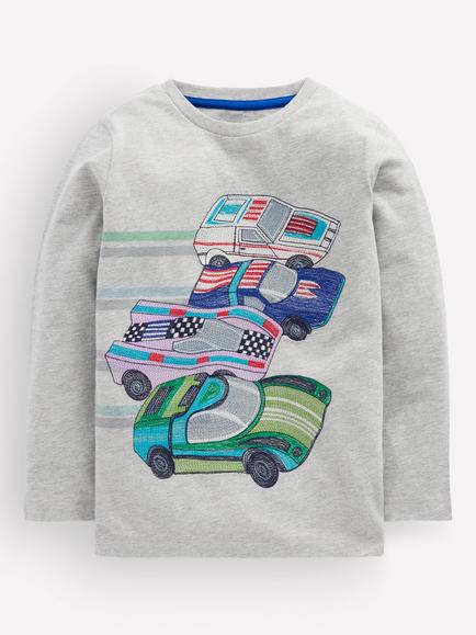 Mini Boden Kids' Cotton Long Sleeve T-Shirt, Grey Racing Cars, Grey Racing Cars