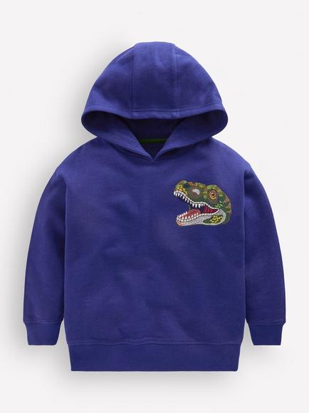 Mini Boden Kids' Superstitch Cotton Hoodie,  Blue Dino, Blue Dino