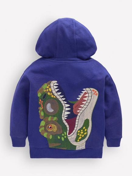 Mini Boden Kids' Superstitch Cotton Hoodie,  Blue Dino - view 2, Blue Dino