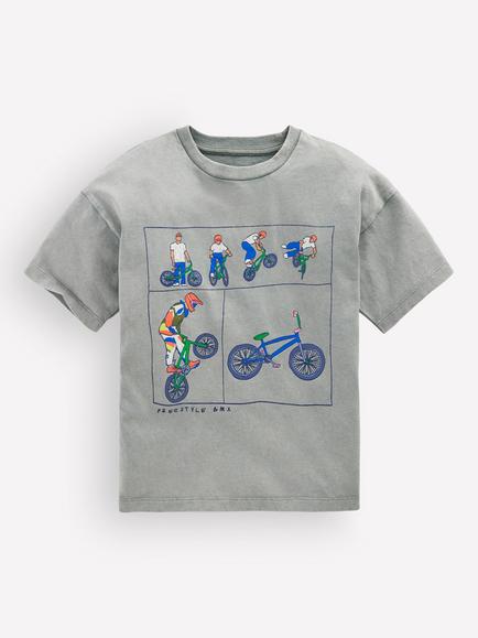 Mini Boden Kids' Short Sleeve Printed Cotton T-Shirt, Bamboo Cane Bikes, Bamboo Cane Bikes