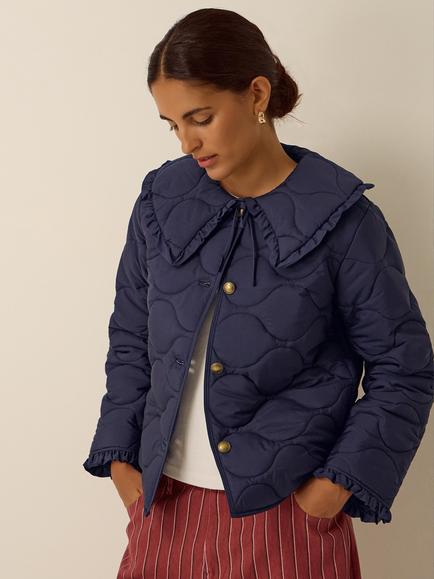 Monsoon Jade Quilted Collared Jacket, Navy, Navy