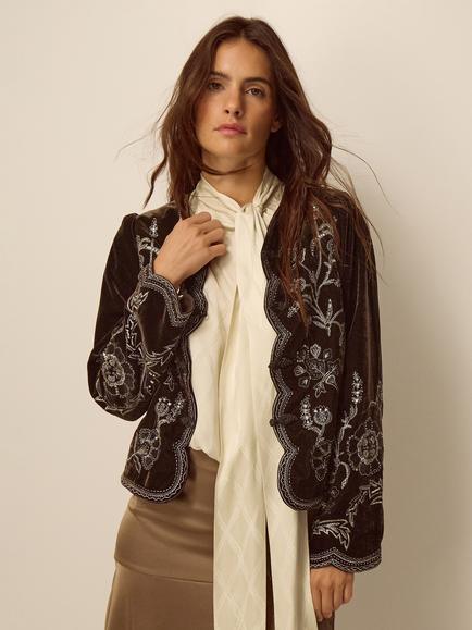 Monsoon Julia Embroidered Jacket, Chocolate, Chocolate