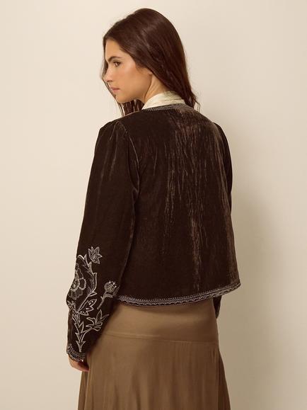 Monsoon Julia Embroidered Jacket, Chocolate - view 2, Chocolate