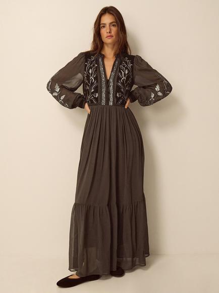 Monsoon Josephine Embroidered Tiered Maxi Dress, Chocolate, Chocolate