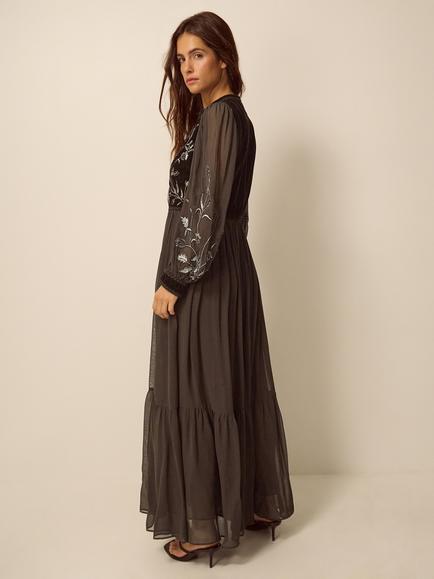 Monsoon Josephine Embroidered Tiered Maxi Dress, Chocolate - view 2, Chocolate