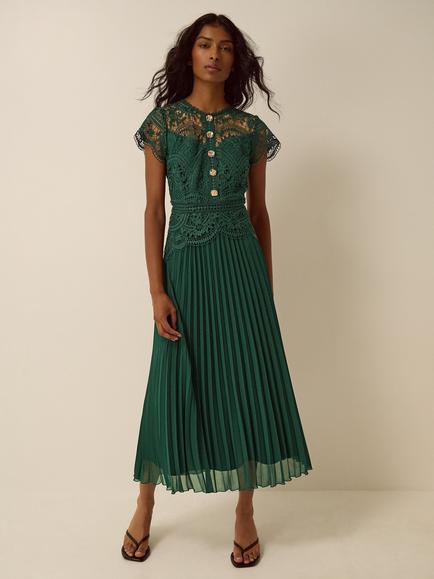 Monsoon Mila Pleated Dress, Green, Green