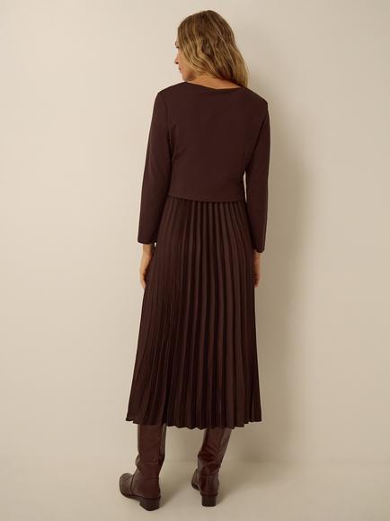Monsoon Petra Pleated Midi Dress, Chocolate - view 2, Chocolate