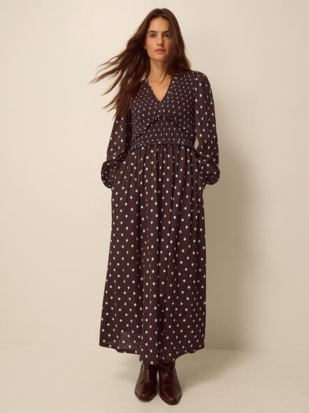 Monsoon Shae Polka Dot Shirred Jersey Dress, Chocolate, Chocolate