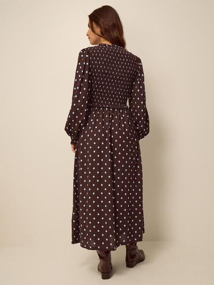 Monsoon Shae Polka Dot Shirred Jersey Dress, Chocolate - view 2, Chocolate