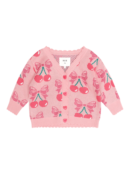 Hux Baby Kids' Cotton Cherry Bow Cardigan, Vintage Pink, Vintage Pink