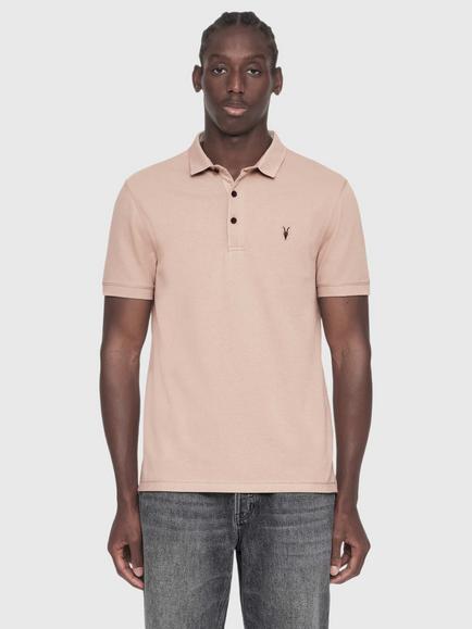 AllSaints Reform Cotton Slim Fit Short Sleeve Polo Shirt, Green Mid, Pink Mid