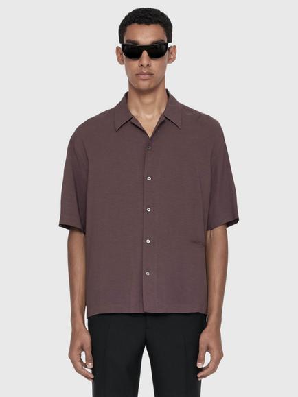 AllSaints Archer Short Sleeve Shirt containing LENZING™ ECOVERO™ Viscose, Deep Mauve Purple, Deep Mauve Purple