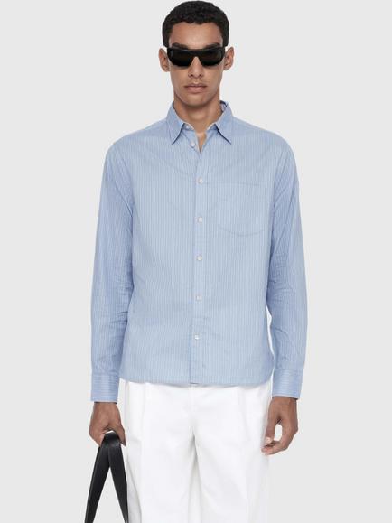 AllSaints Judd Cotton Stripe Shirt, Salton Blue, Salton Blue