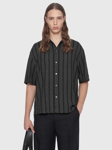AllSaints Quasar Viscose Rich Loose Fit Polka Dot Shirt containing LENZING™ ECOVERO™ Viscose, Black/Grey, Black/Grey