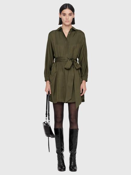 AllSaints Noora Silk Blend Shirt Dress, Nearly Black - view 2, Mid Green