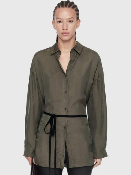 AllSaints Ilana Relaxed Fit Tie Waist Shirt containing LENZING™ ECOVERO™ Viscose, Dark Green Khaki, Dark Green Khaki