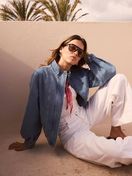 Mint Velvet Denim Bomber Jacket, Blue - view 2, Blue