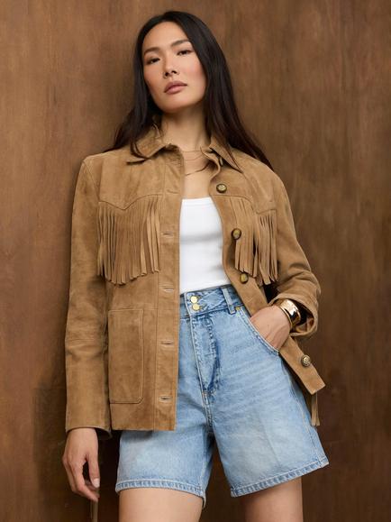 Mint Velvet Suede Fringe Jacket, Natural, Neutrals