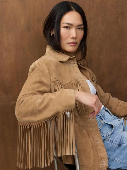 Mint Velvet Suede Fringe Jacket, Natural - view 2, Natural