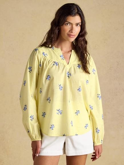 Joules Floral Long Sleeve V-Neck Top, Yellow, Yellow