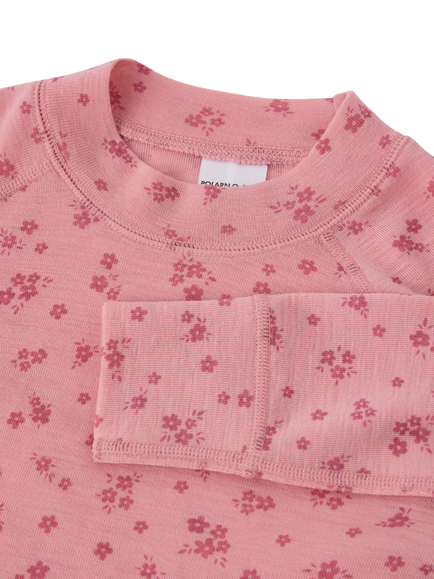 Polarn O. Pyret Kids' Pure Wool Long Sleeve Floral Top, Rose Elegance Pink - view 2, Rose Elegance Pink