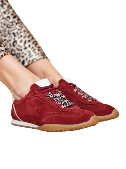 Josef Seibel Aileen 01 Nubuck Leopard Print Detail Lace Up Trainers, Bordeaux - view 2, Bordeaux