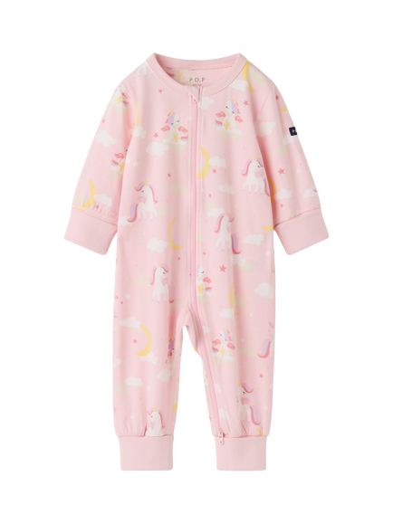Polarn O. Pyret Baby Unicorn Print Pyjama Bodysuit, Pink, Pink