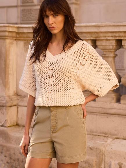 Mint Velvet V-Neck Knit Top, Orange, White Ivory